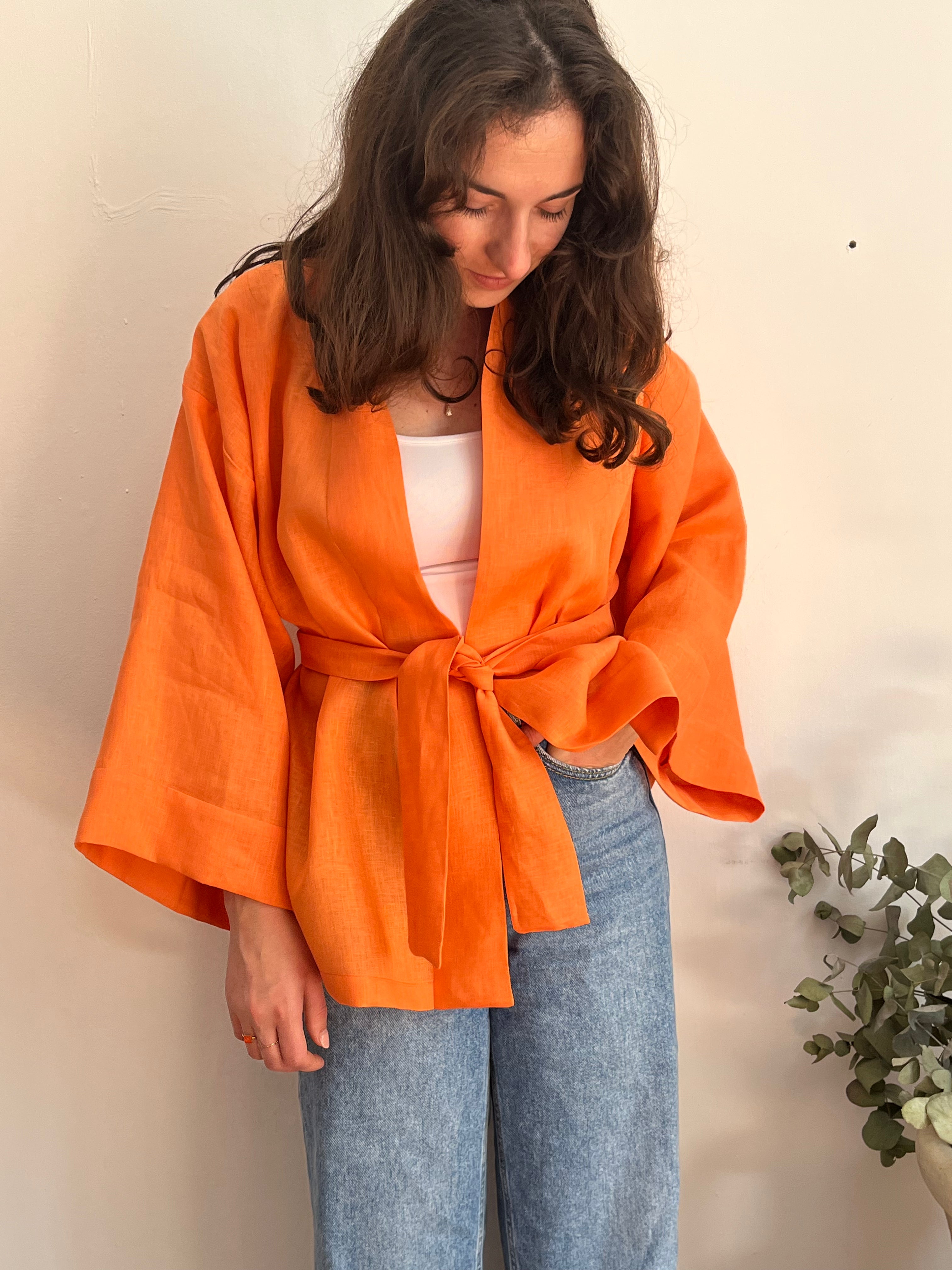 Kimono in lino papaya