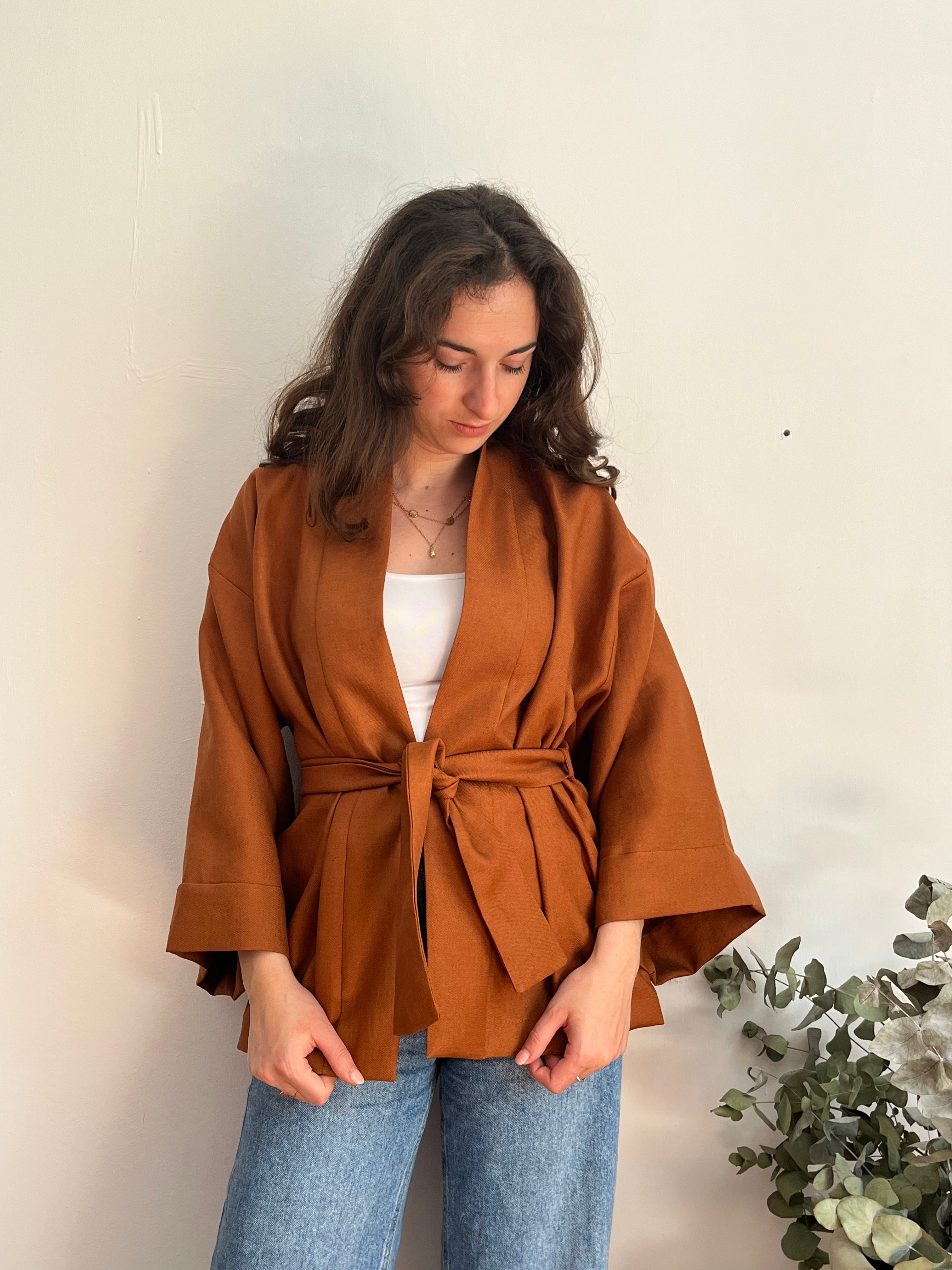 Kimono in lino marrone