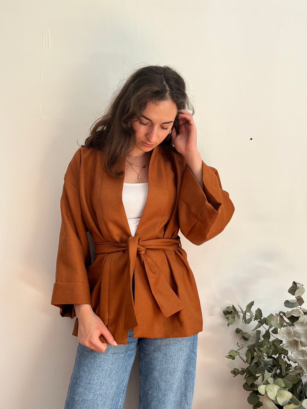 Kimono in lino marrone