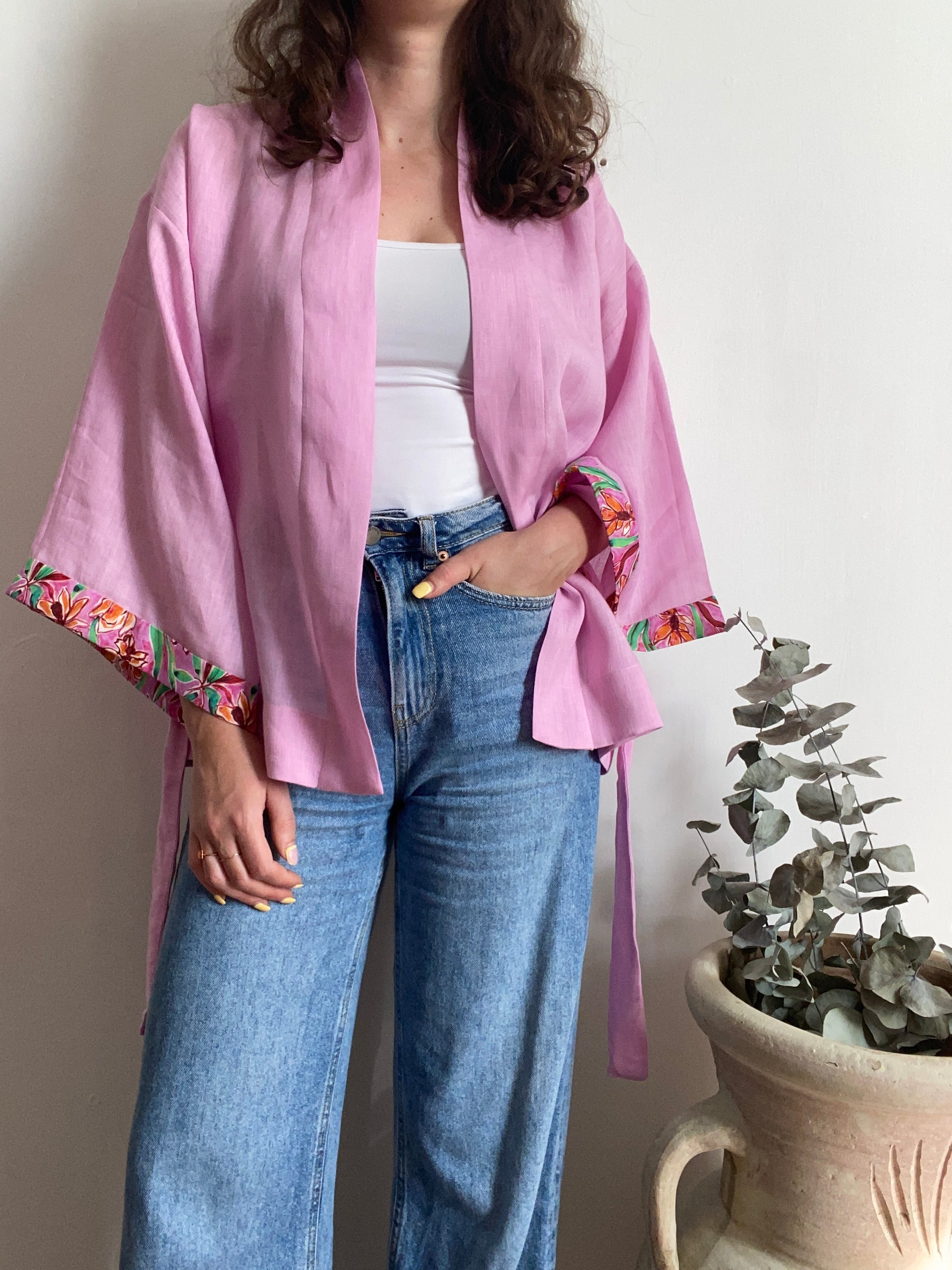 Kimono in lino rosa